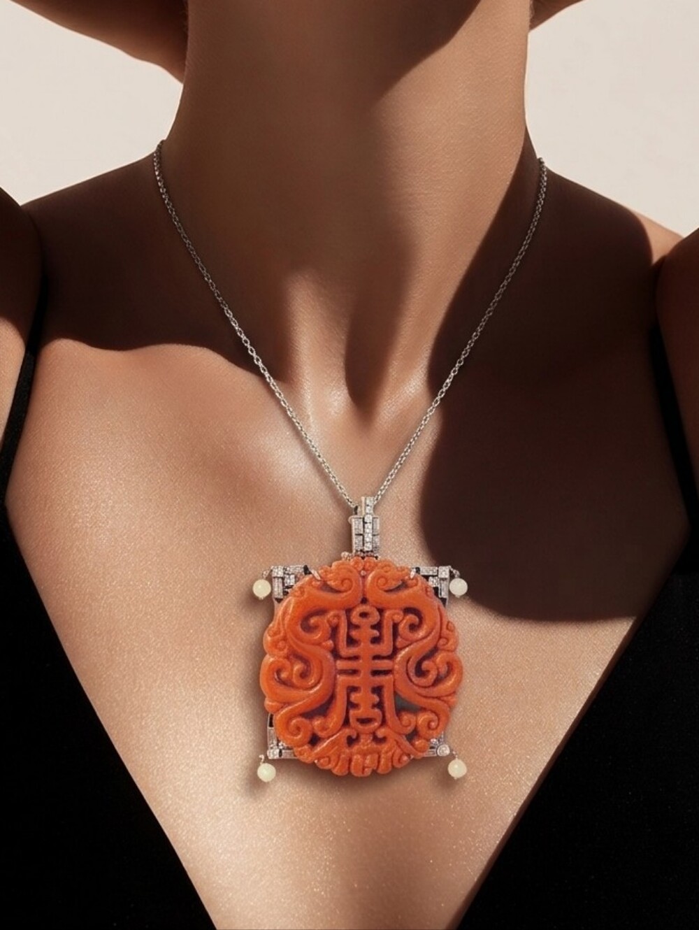 Estate Carved Cinnabar Gemstone Pendant Necklace Sterling Silver 925